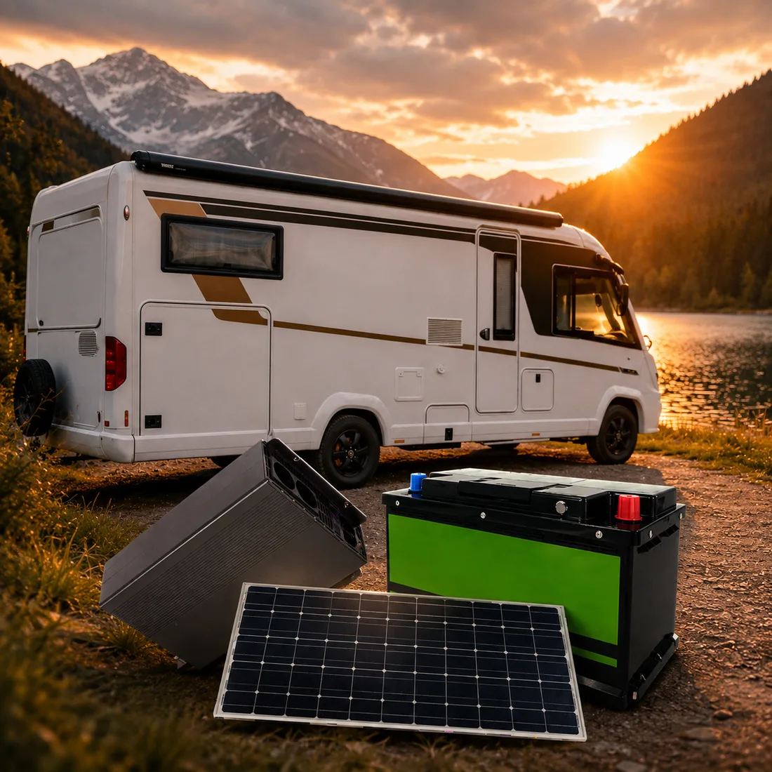 Autarkes Reisemobil am Bergsee bei Sonnenuntergang – mit Solarmodul, Lithium-Batterie und Powerstation